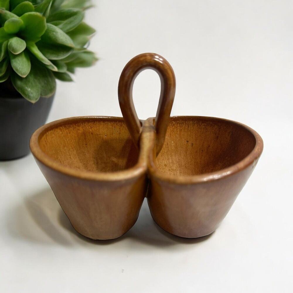 VTG Mini Ceramic Handled Dbl Bowl Brown Cream Glazed Vessels Planter Decor